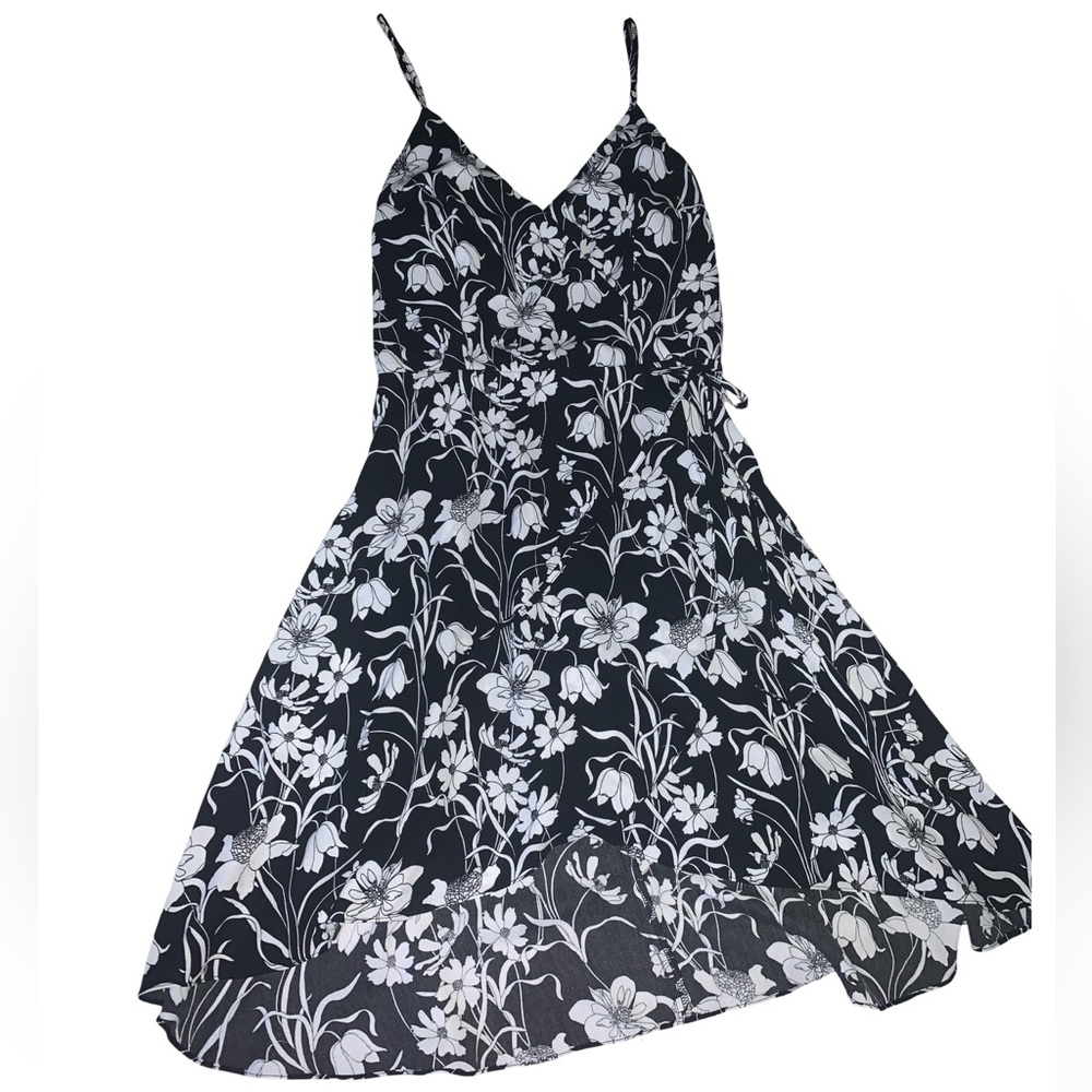 A. Byer surplice mini dress spaghetti strap faux wrap floral print navy, medium